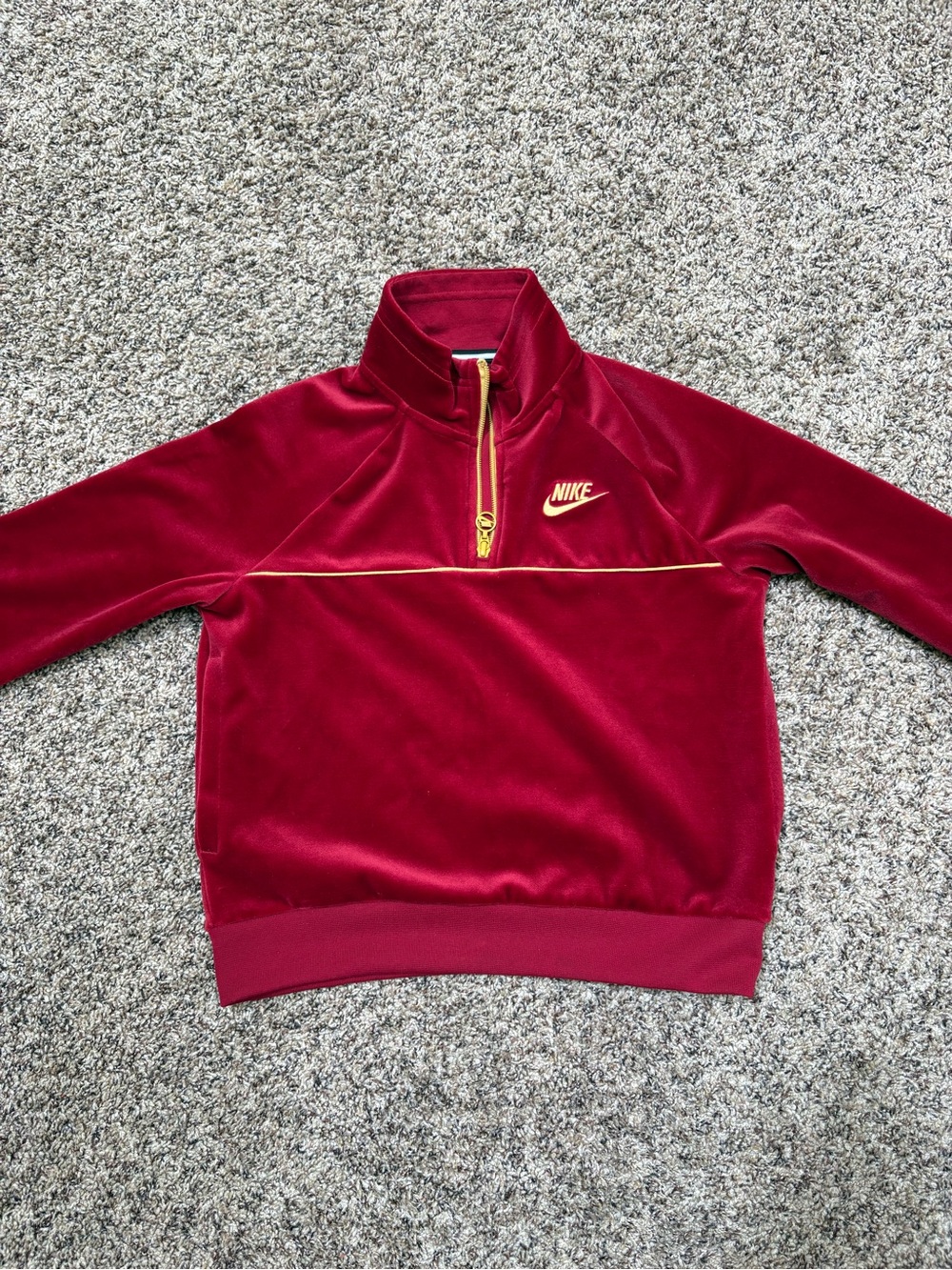 Nike Burgundy Velour Quarter-Zip Pullover with Gold Trim